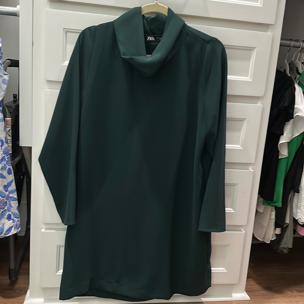 Zara green long sleeve cowl neck silky dress
